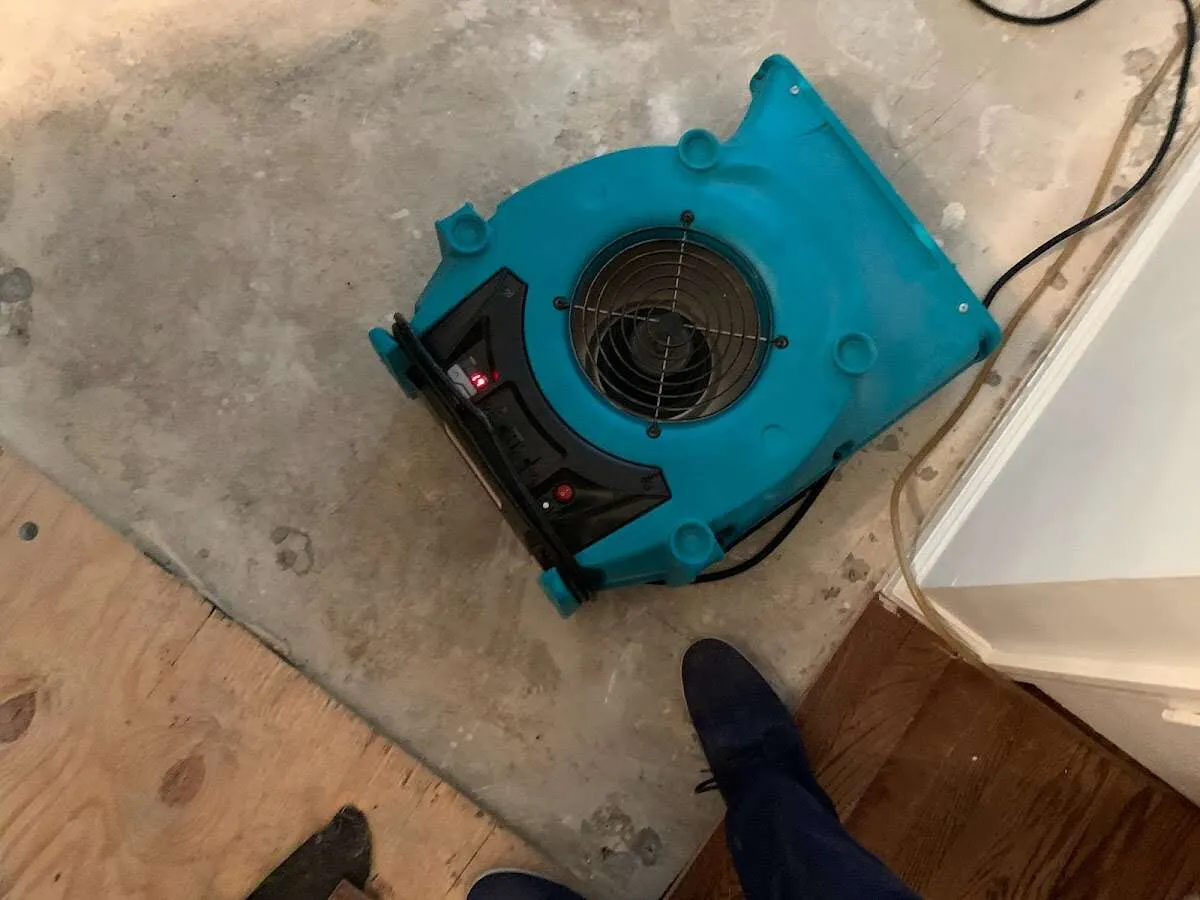 Air mover drying subfloor during Leak Detection & Repair in Reedley